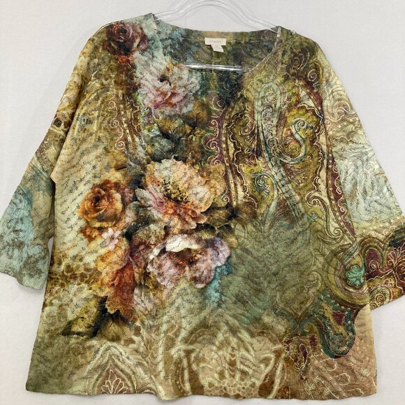 Chico's size XL/3 Green Brown Floral Split Neck Mesh Stretch Artsy Boho Blouse - Picture 1 of 9